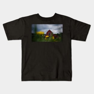 Red Barn Beyond Yellow Flowers Kids T-Shirt